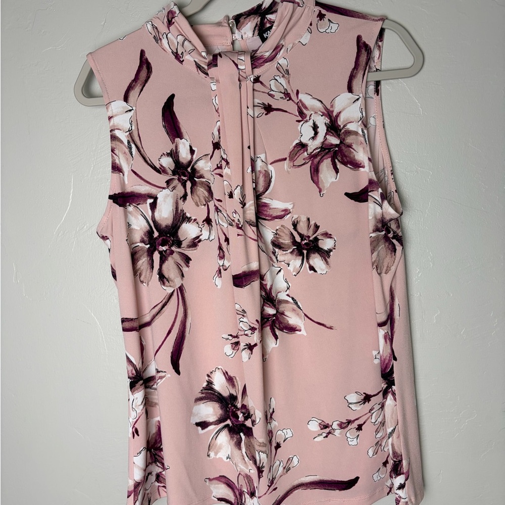Karl Lagerfeld Pink Floral Tie-Neck Sleeveless Blouse
